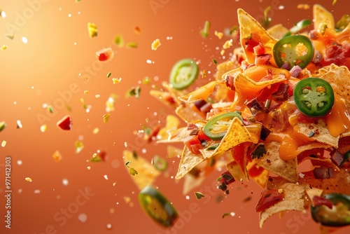 A vibrant explosion of tortilla chips topped with cheese, jalapenos, and fresh ingredients, perfect for snack and food concepts.