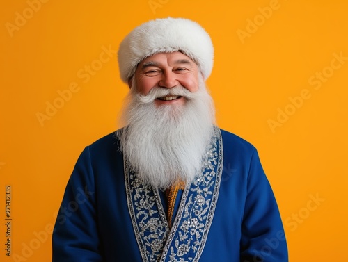 Ded Moroz smiling warmly, with a thick white beard, dressed in a traditional blue coat adorned with silver embroidery, standing against a bright orange background. photo