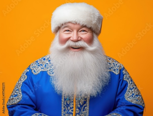 Ded Moroz smiling warmly, with a thick white beard, dressed in a traditional blue coat adorned with silver embroidery, standing against a bright orange background. photo