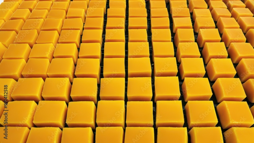 Obraz premium A grid of uniform yellow cheese cubes arranged in neat rows.