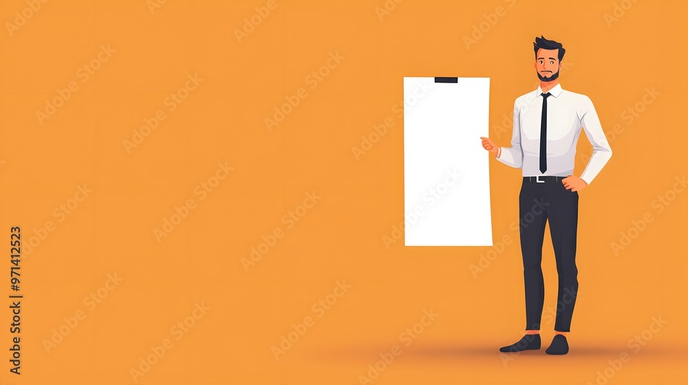 Businessman in a White Shirt and Black Tie Presenting a Blank Whiteboard Businessman in a White Shirt and Black Tie Presenting a Blank Whiteboard