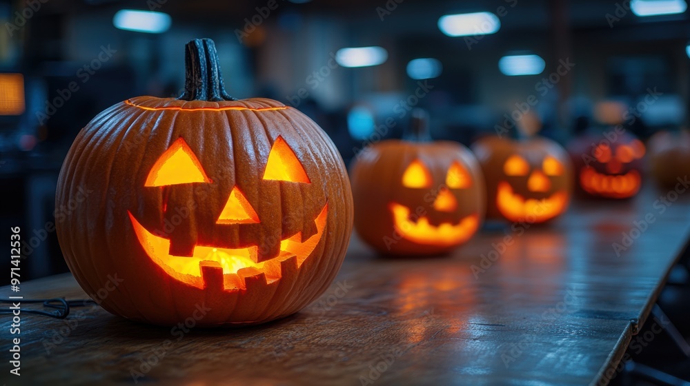 A festive row of carved Jack-o'-lantern pumpkins featuring glowing faces on a wooden table, creating a warm and spooky Halloween atmosphere indoors A festive row of carved Jack-o'-lantern pumpkins featuring glowing faces on a wooden table, creating a warm and spooky Halloween atmosphere indoors