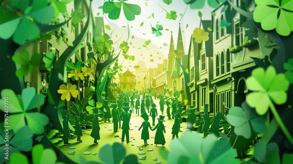 Obraz premium A vibrant street scene filled with greenery, celebrating community and joy amid an enchanting atmosphere.