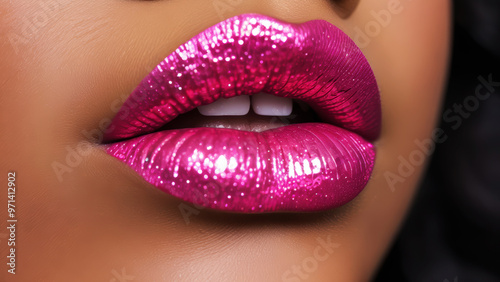 Close-up of a woman's lips with pink gloss on them and a black background