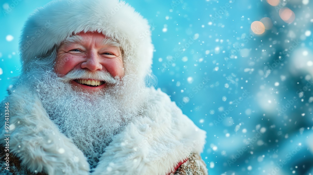 A cheerful Tovlis Papa with a white beard, wearing a Santa hat and fur coat, smiles warmly in a snowy winter scene. A cheerful Tovlis Papa with a white beard, wearing a Santa hat and fur coat, smiles warmly in a snowy winter scene.