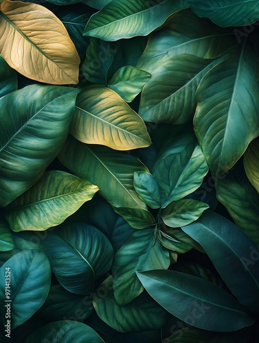 Wallpaper Mural Lush green foliage with some yellowing leaves creates a textured natural background. Torontodigital.ca