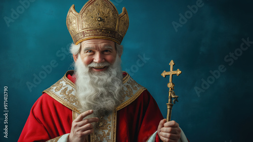 Good Saint Nicholas with a gentle smile, wearing a red bishop's robe with gold accents and holding a crozier, standing against a bright blue background. photo