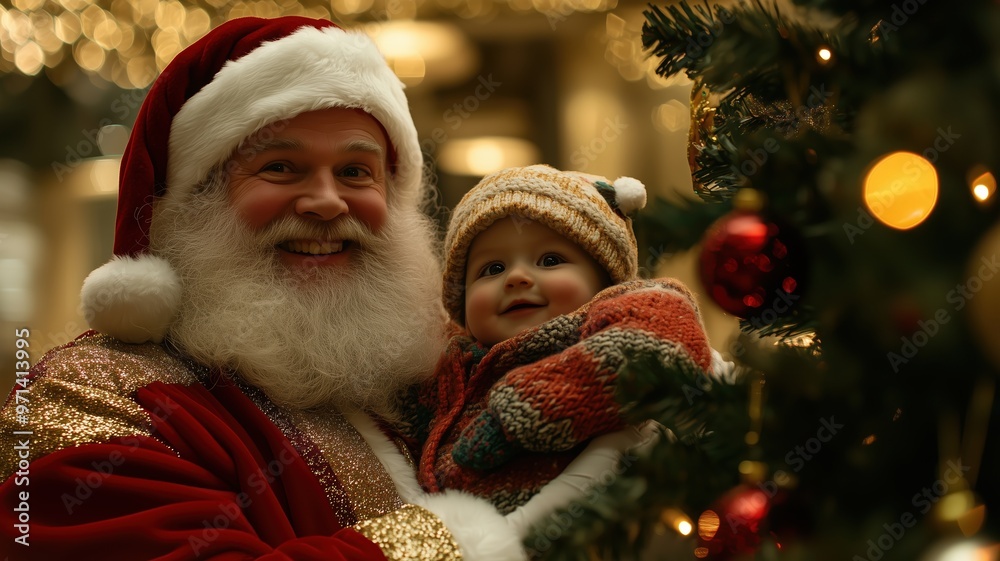 Santa Claus joyfully holds a smiling baby near a decorated Christmas tree, surrounded by warm holiday lights and festive ornaments. Santa Claus joyfully holds a smiling baby near a decorated Christmas tree, surrounded by warm holiday lights and festive ornaments.