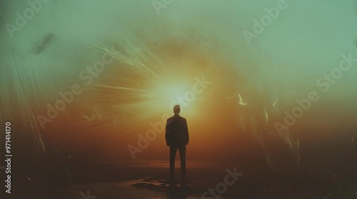 Facing my Faith. Silhouette of a businessman standing in front of the light.