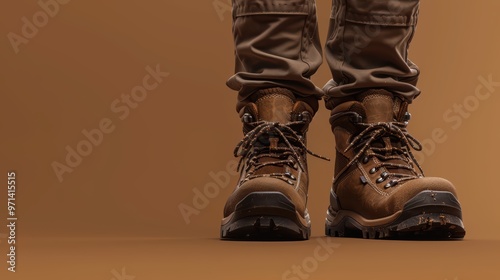 Close-up of rugged hiking boots on a brown background, perfect for outdoor adventure and trekking themes. photo