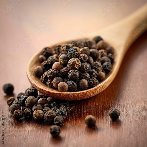 Grains de poivre noir dans une cuillère en bois, en gros plan photo