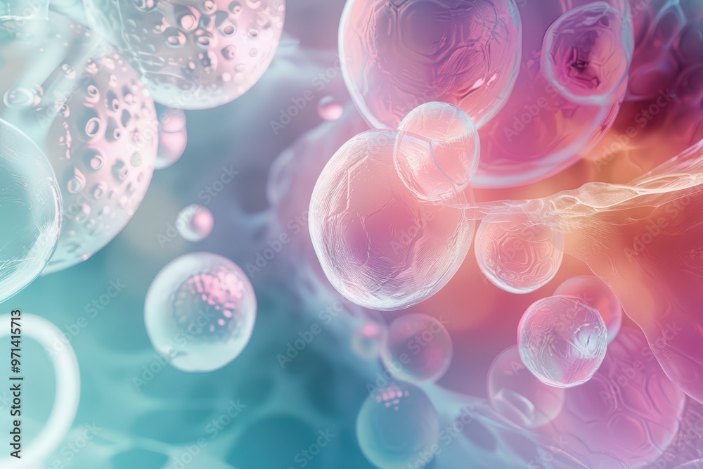 Colorful abstract representation of bubbles and cells in a fluid environment, highlighting organic patterns and scientific themes. Colorful abstract representation of bubbles and cells in a fluid environment, highlighting organic patterns and scientific themes.