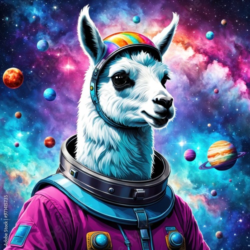 A whimsical llama in an astronaut suit against a colorful cosmic backdrop. photo