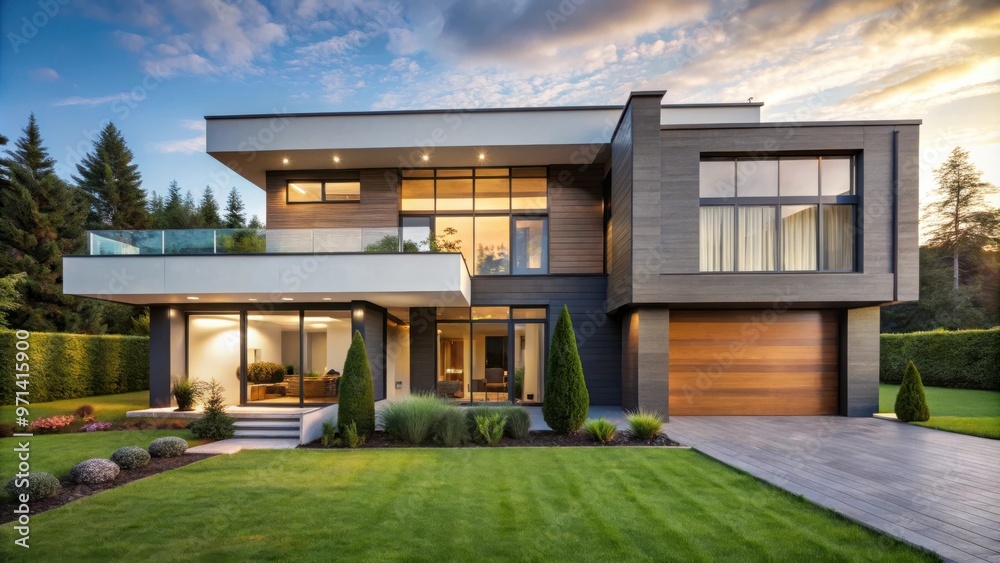 Modern house exterior with clean lines, large windows, and minimalist landscaping Modern house exterior with clean lines, large windows, and minimalist landscaping