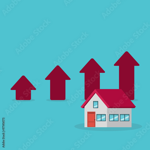 Arrows rise up above the house. The concept of growth in demand for real estate. Increase in the value of property