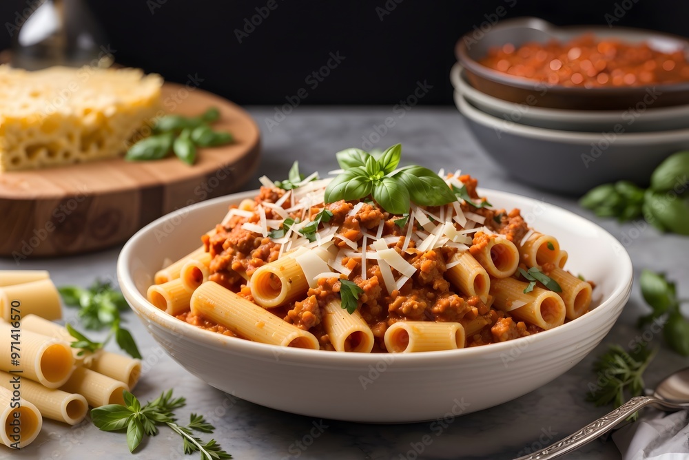 Sausage penne Pasta with tomato sauce, parmesan cheese and basil