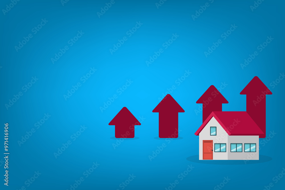 Arrows rise up above the house. The concept of growth in demand for real estate. Increase in the value of property Arrows rise up above the house. The concept of growth in demand for real estate. Increase in the value of property