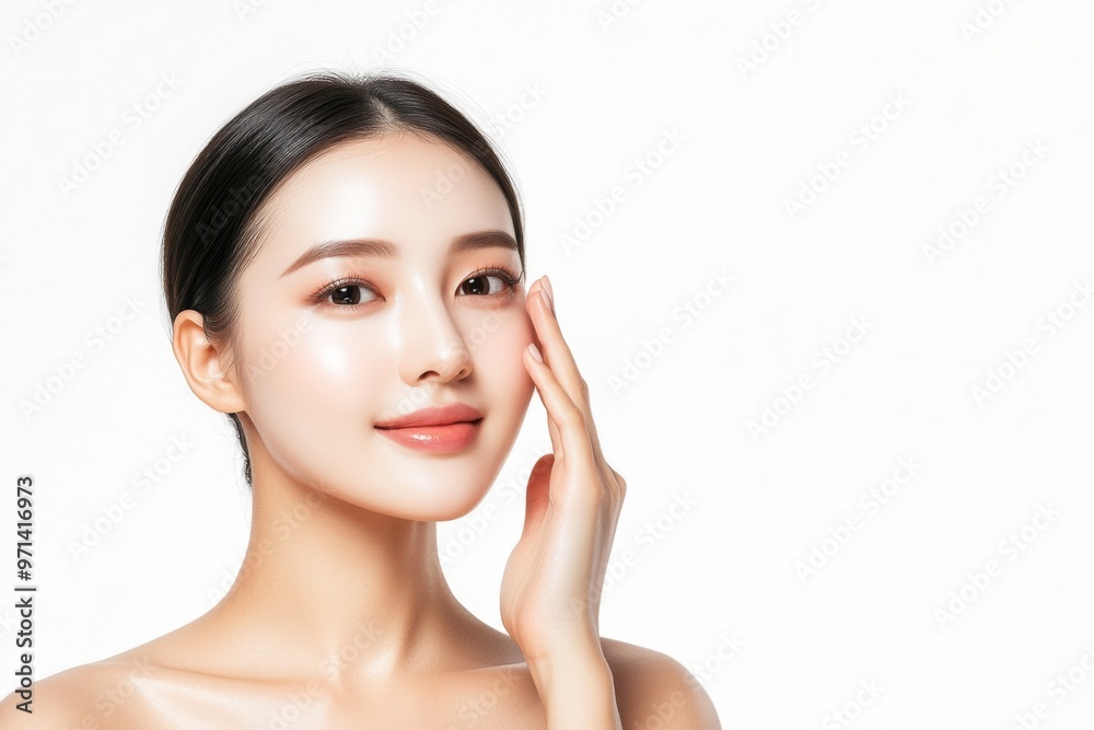 Radiant Asian Woman Showcasing Healthy Skin, Softly Touching Her Face, Bright White Background, Emphasizing Korean Skincare and Natural Beauty Elements Radiant Asian Woman Showcasing Healthy Skin, Softly Touching Her Face, Bright White Background, Emphasizing Korean Skincare and Natural Beauty Elements