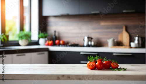 wooden tabletop over defocused kitchen background