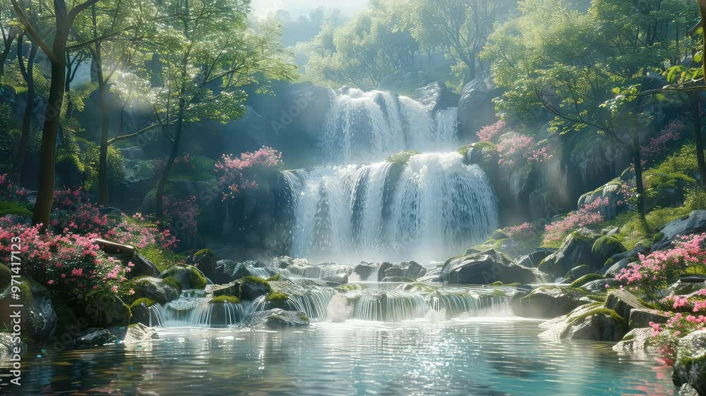 Animation Peaceful waterfall cascade in lush green forest setting generated with ai Animation Peaceful waterfall cascade in lush green forest setting generated with ai