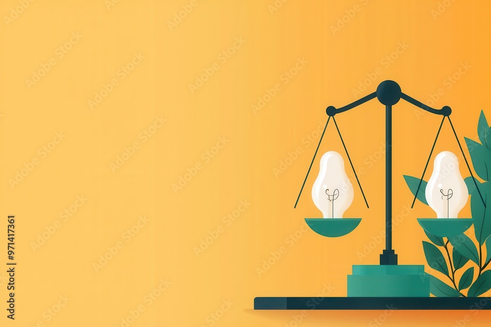 Balanced scales with a light bulb, wisdom and justice, flat design illustration Balanced scales with a light bulb, wisdom and justice, flat design illustration
