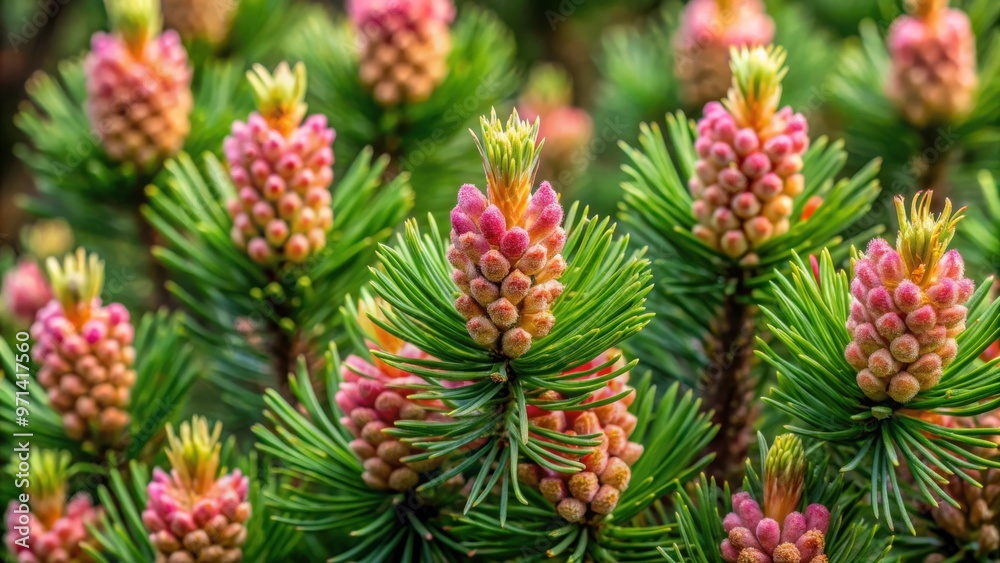 Fototapeta premium Closeup of beautiful blooms of dwarf mountain pine Pinus mugo inflorescence in full bloom