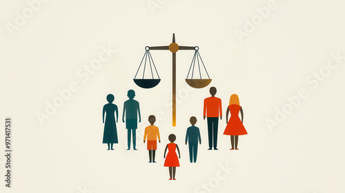 Balanced scales with family symbols, representing justice in society, flat design illustration