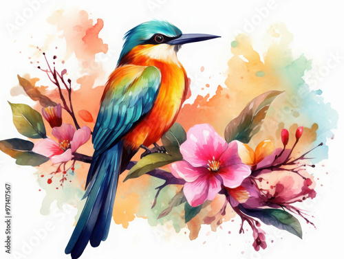 Watercolor Bird on Branch with Pink Flowers 