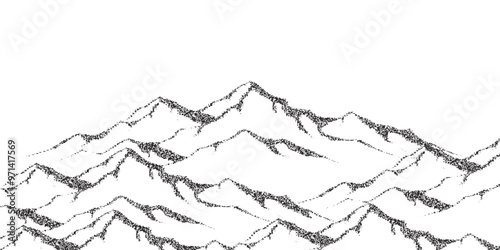 Dotwork mountain pattern vector background. Black noise stipple dots. Sand grain effect. Dots grunge banner. Abstract noise dotwork pattern