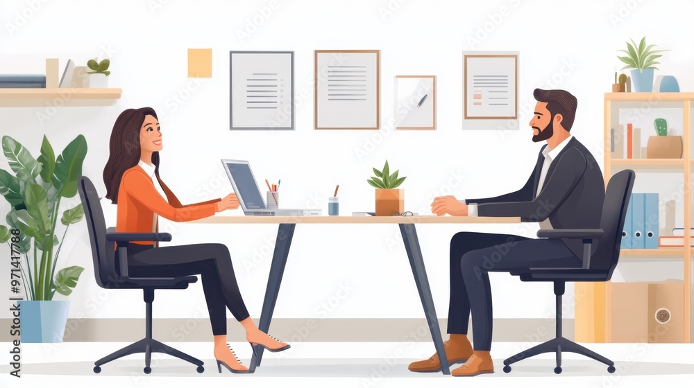 Manager negotiating salary with employee in private office for employment discussion Manager negotiating salary with employee in private office for employment discussion