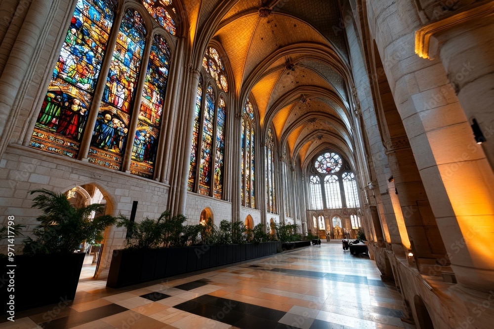 Obraz premium A Gothic cathedral interior, with soaring arches and stained glass windows depicting scenes from French history and religious lore