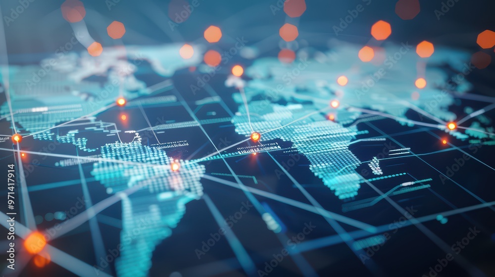 Futuristic world map with digital connections showcasing global communication and networking potential. Futuristic world map with digital connections showcasing global communication and networking potential.
