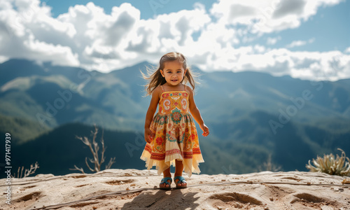 a little girl of five or six years old in a colorful dress in the middle of the hills
