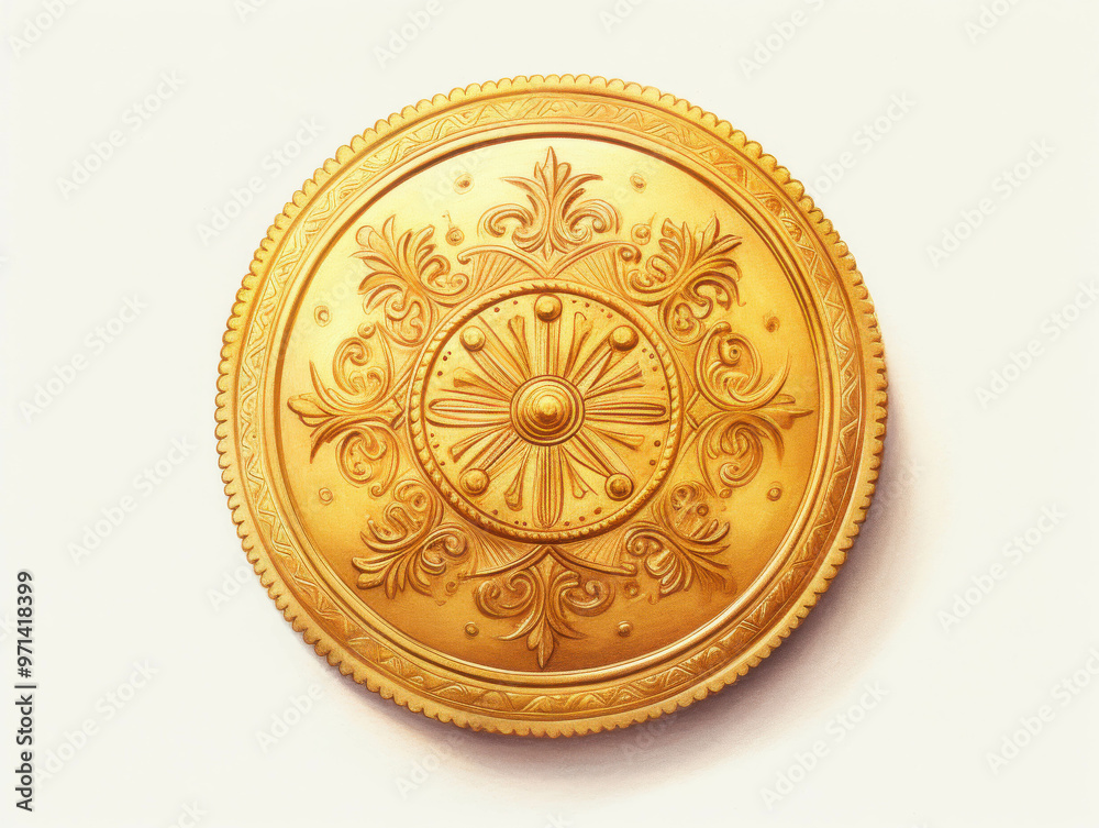 Fototapeta premium Golden Ornate Shield: A close-up view of a gleaming gold shield, intricately adorned with a floral pattern, exudes power and resilience, evoking a sense of ancient history and protective strength.
