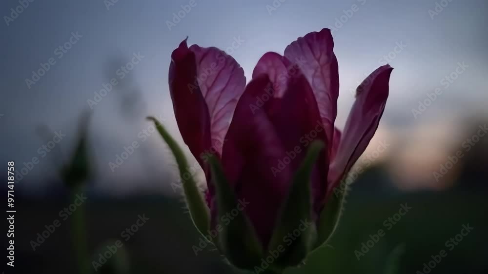 Time-lapse zoom of a night-blooming flower slowly opening at twilight, with soft ambient light creating a mystical atmosphere against the dimming sky Time-lapse zoom of a night-blooming flower slowly opening at twilight, with soft ambient light creating a mystical atmosphere against the dimming sky