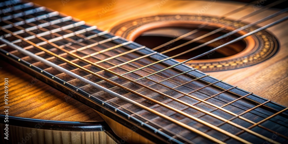 Fototapeta premium Close up view of guitar strings and fretboard, showing intricate details and textures