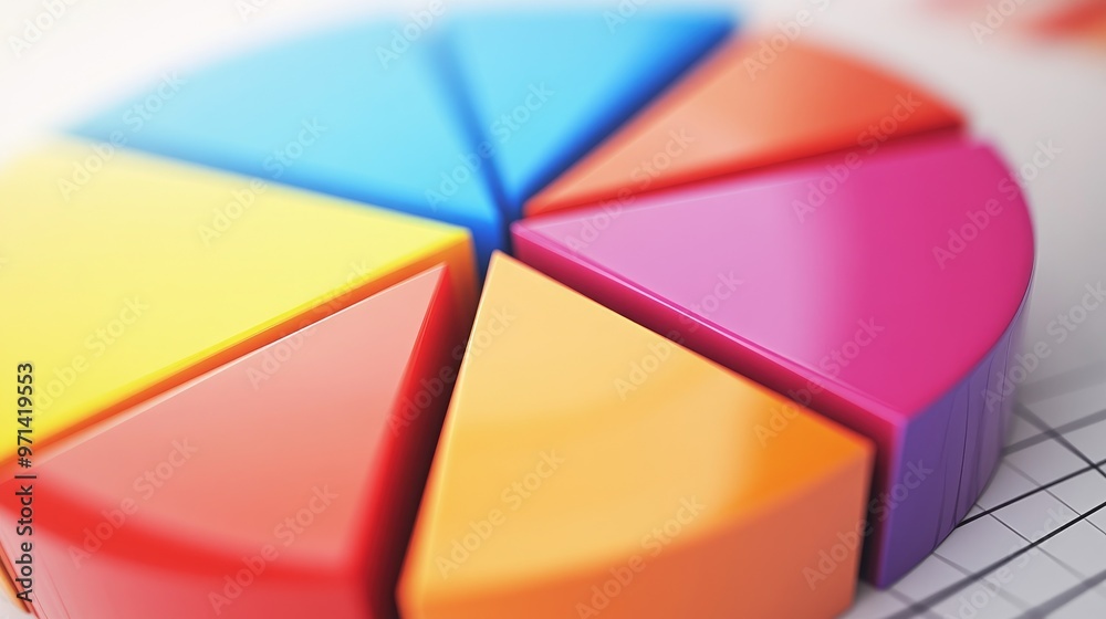 Obraz premium A close-up of a 3D pie chart with bright, contrasting colors, the segments separated slightly to highlight different data points, set on a white background