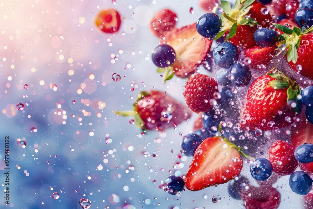 Vibrant fruits splashing in water, showcasing strawberries and blueberries with sparkling bubbles in a colorful background.