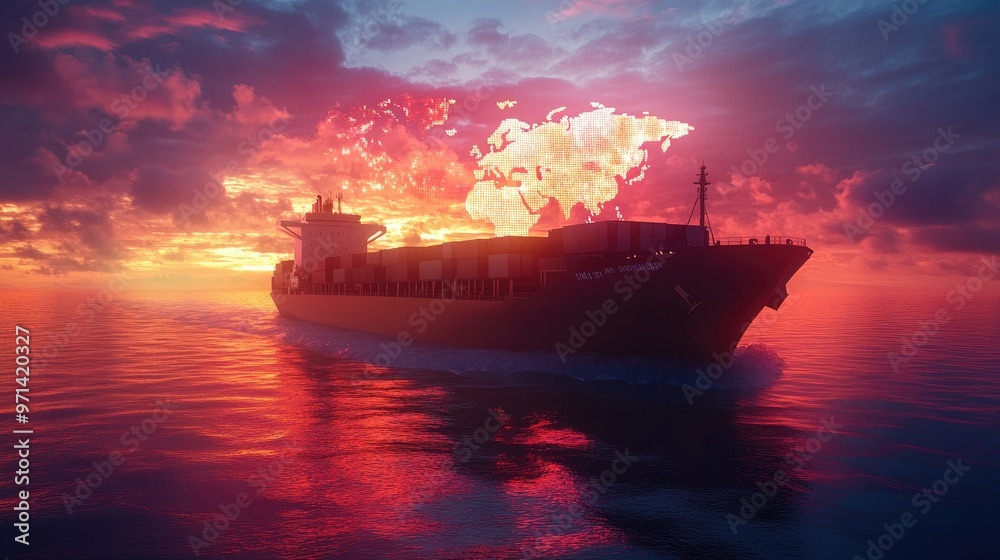 A cargo ship sailing on the ocean at sunset with a world map outline in the sky. A cargo ship sailing on the ocean at sunset with a world map outline in the sky.