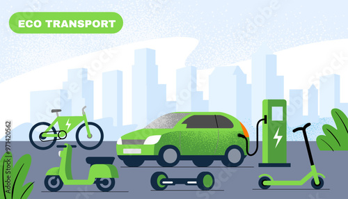 Electric transport against backdrop of city, flat style.
