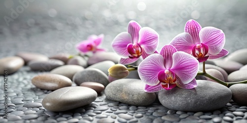 Beautiful orchid flowers placed on a bed of smooth grey pebble stones, perfect for zen spa and wellness designs