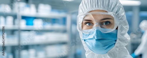 A female healthcare professional wearing protective gear and a mask in a laboratory setting, focused on her task. photo