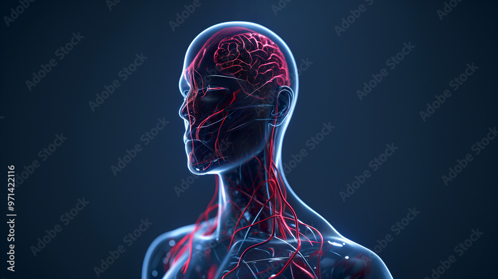 A human anatomy showing veins and arteries in an animated style. It is on a dark background with light coming from above A human anatomy showing veins and arteries in an animated style. It is on a dark background with light coming from above