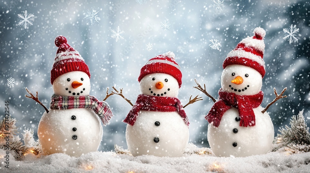 Three snowmen in a winter landscape with soft snowflakes falling Three snowmen in a winter landscape with soft snowflakes falling