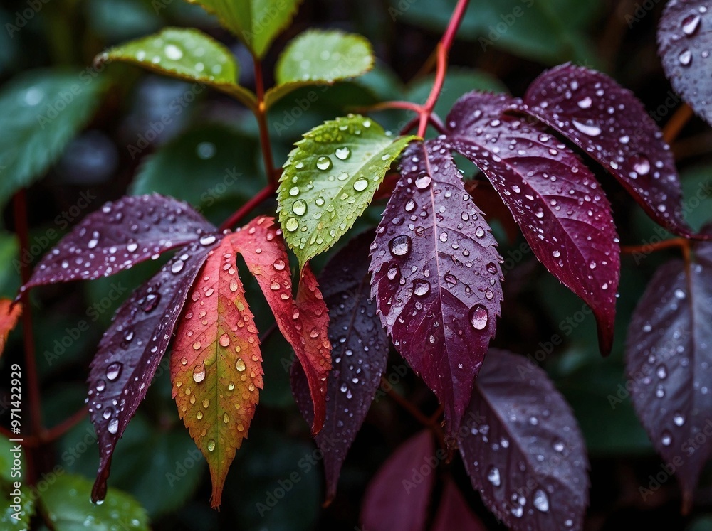 purple and green leaves with raindrops purple and green leaves with raindrops