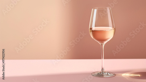 Minimalist product photography of a wine glass with rose-colored white wine, against a pastel background