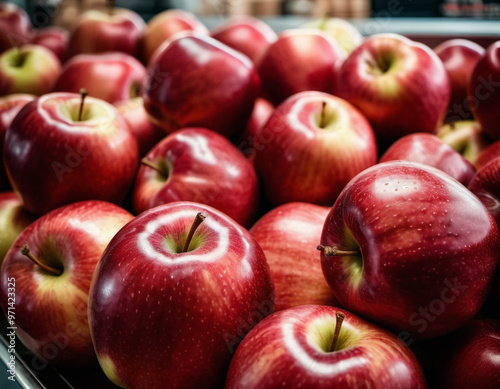 A colorful assortment of red apples is neatly arranged on a supermarket counter, inviting customers to explore and select fresh fruit. Generative AI