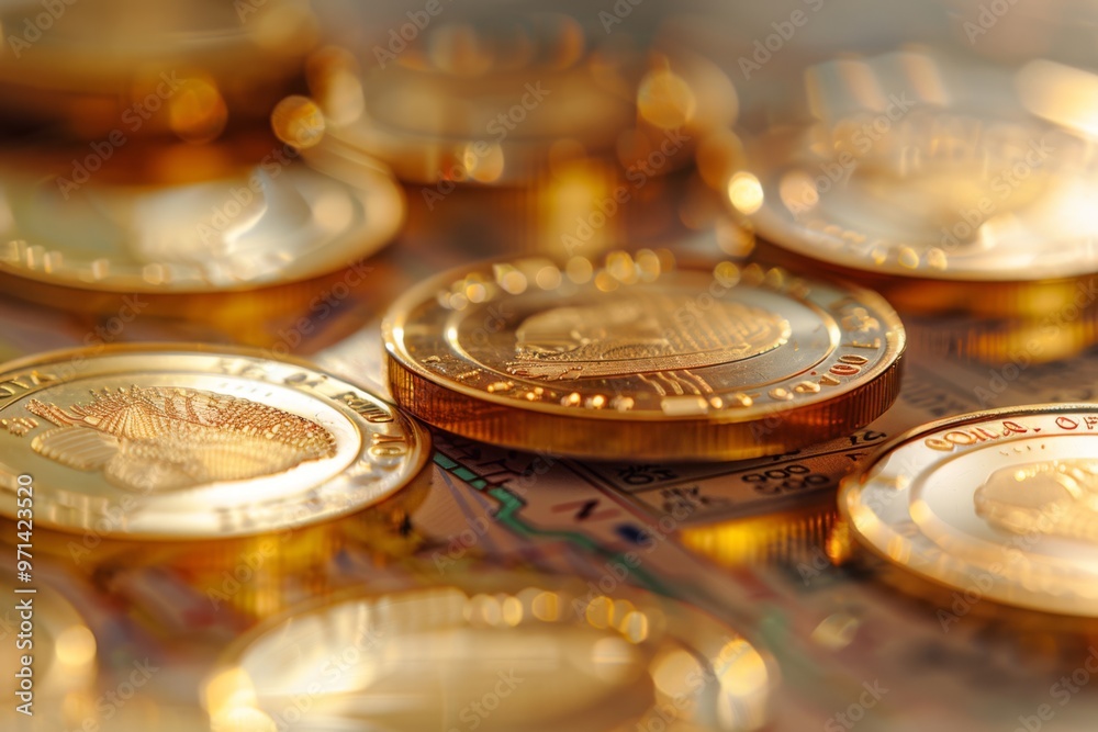 Gold coins scattered on a table Gold coins scattered on a table