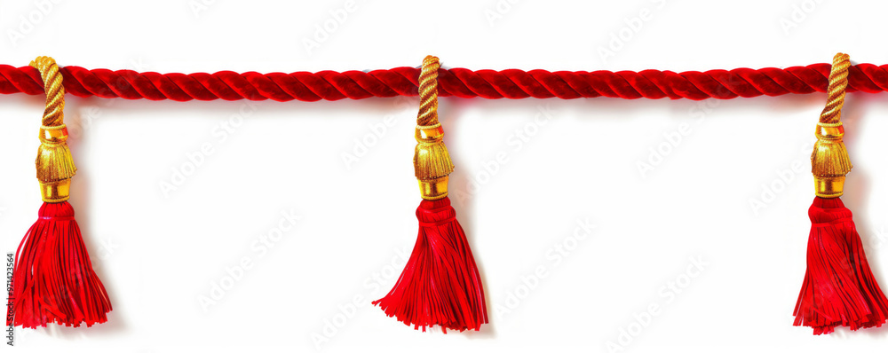 Obraz premium A red velvet rope with golden tassels on a white background.