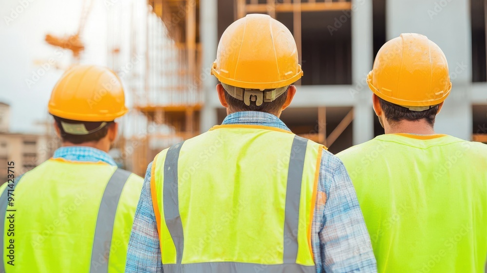 Team of builders on site, group of construction workers building a house together, Collaboration, house construction Team of builders on site, group of construction workers building a house together, Collaboration, house construction